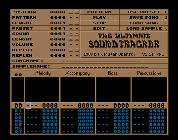 Obr. 41: Prostředí Ultimate Soundtracker (1987). Zdroj: Jeuxdecordes.fr. Práce s patterny a smyčkami (loops) odpovídala technikám charakteristickým pro americký minimalismus.