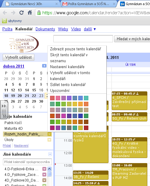 Obrázek 23: Ukázka seznamu vlastních a sdílených kalendářů je možné je tř ídit podle barev, vyhledávat, or ganizovat, kdykoliv měnit nastavení sdílení.