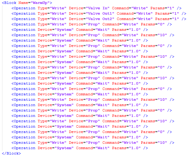 Strana 59 Obrázek 35. Část XML souboru vytvořeného grafickým editorem pro proceduru zahřátí ventilu. Část zahřátí ventilu je v XML souboru uzavřena do bloku Warm Up.