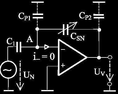 Kapacitní snímače Zpětnovazební obvody Lineární závislost výstupního napětí kapacitního snímač0e polohy na vzdálenosti elektrod lze získat jeho zapojením do zpětné vazby
