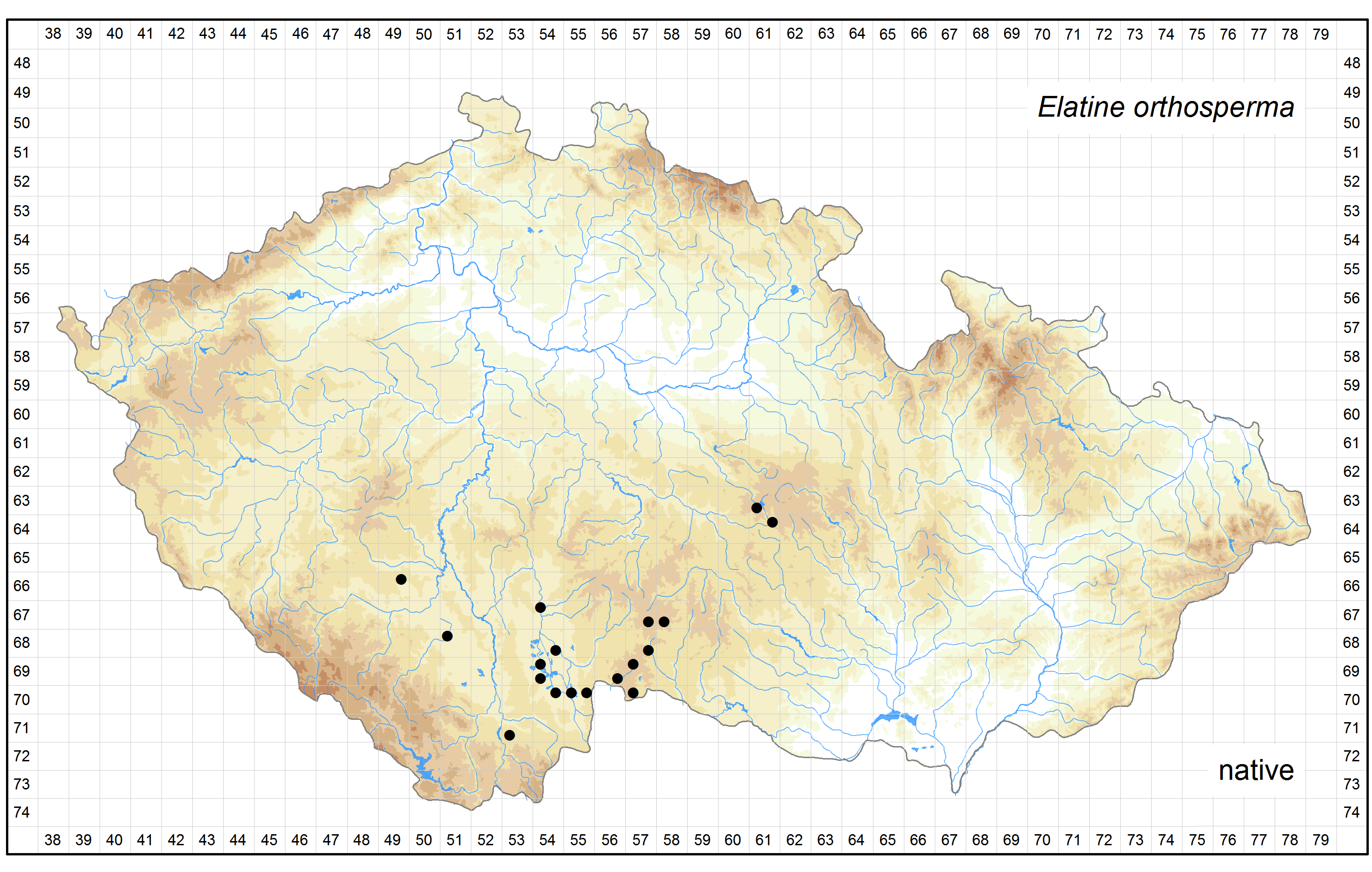 Distribution of Elatine orthosperma in the Czech Republic Author of the map: Zdenek Kaplan, Jan Prančl, Kateřina Šumberová Map produced on: 18-11-2015 Database records used for producing the