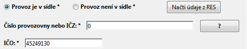 POZOR! Údaje o partnerovi (pouze pro kombinace Firma nebo Obec a Provoz je v sídle) lze vyplnit také tlačítkem Načti údaje z RES.