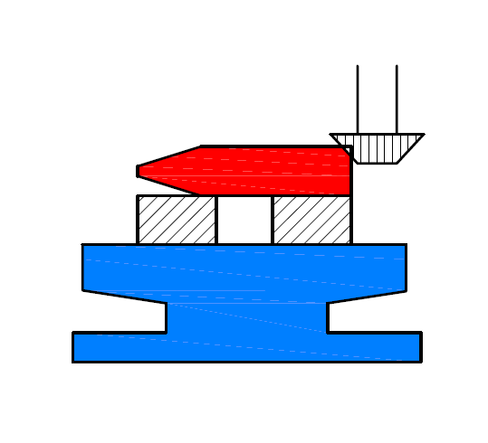 D) Technologický postup kladívko úhlovou frézou Operace 1) - kladívko upneme do svěráku a pomocí úhlové frézy ofrézujeme sraženou hranu 3 x 45 - upneme do svěráku za rovno s pevnou čelistí na pravé