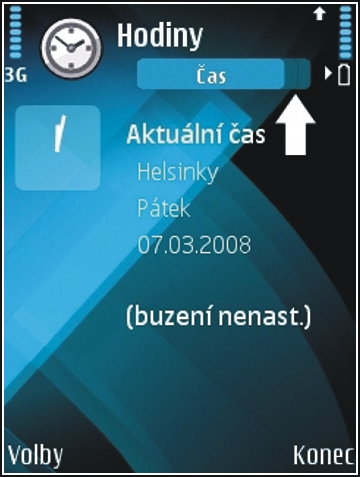 Začínáme 20 Pokud aplikace obsahuje několik karet (viz obrázek), otevřete kartu stisknutím navigační klávesy vpravo nebo vlevo. Pro uložení nastavení, které jste upravili v aplikaci, zvolte Zpět.