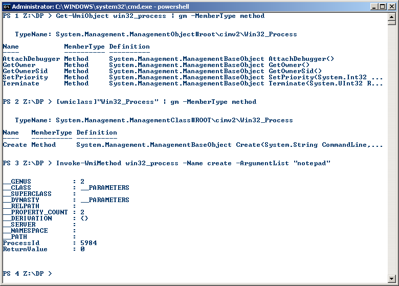 Notepad.exe na hostitelském počítači pod právy, které má vlastní instance konzoly Powershellu. Proces byl vytvořen pod ProcessID 5984 a aplikace se vizuálně spustila. Obrázek 12.
