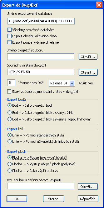 vytváří se dgn verze 8 dxf, dwg export lze ovlivnit pomocí XML souboru, který definuje jak se mají pojmenovat vrstvy, jak se mají převést značky stejný XML soubor lze použít i pro import primárně