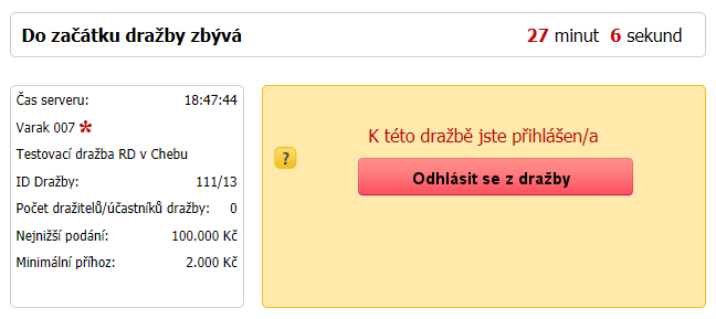 Zobrazí se údaje pro složení Dražební jistoty na bankovní účet dražebníka. Při úhradě dražební jistoty se řiďte dražební vyhláškou, která je přílohou každé dražby.