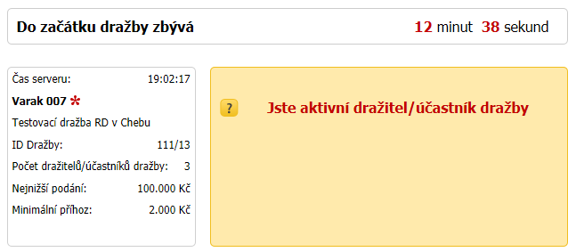 V levé části jsou údaje: Čas serveru, Uživatelské jméno, Název a ID dražby, Počet dražitelů/účastníků dražby, Nejnižší podání a Minimální příhoz.