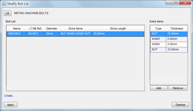 3.2 Bolt List (BLIS) Bolt list se vytvoří z hlavního menu pomocí Create > New Bolting > Bolt List Po zadání jména (ze stejného okna jako v předchozích případech) se zobrazí toto okno: Odkazem