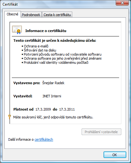 Obrázek 4: Ukázka certifikátu Zdroj: Vlastní úprava Výhody: Jedná se o poměrně levné řešení nákup karet a čteček Automatická podpora ve Windows systémech Nevyţaduje se u uţivatelů pamatování hesla