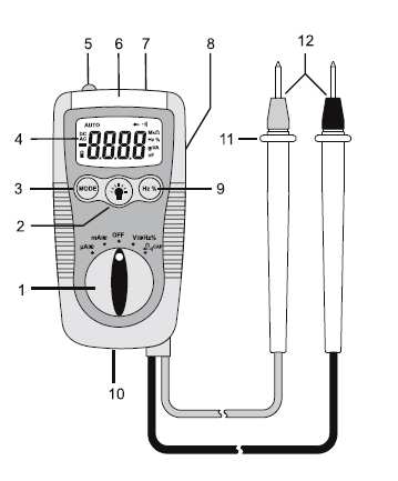 Popis přístroje 1 Otočný přepínač pro nastavení funkcí měření 2 Tlačítko pro funkci kapesní baterky 3 Tlačítko MODE pro přepínání funkcí měření 4 Displej LCD se zobrazením funkcí a měřicích jednotek