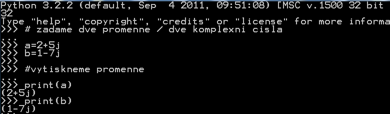 Komplexní číslo v pythonu Python nám umožnuje přímo pracovat s komplexními čísly. Obecný tvar komplexního čísla je x + jy, x a y mohou být libovolná čísla. Např.