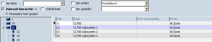 Obrázek ukazuje nastavení řídícího terminálu č. 11 a subsystémů, které obsluhuje. Příklad pro nastavení subsystému č.12 dle hierarchie výše. Pro další subsystémy bude další čtečka a jiná skupina osob.