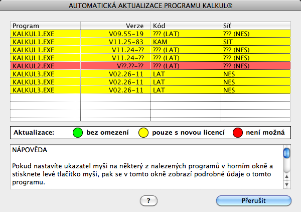 programů je nutno nastavit požadované parametry ručně (příkazem "Nastavení"). Je-li rozdíl v revizi v celém či desetinném místě (tj. např. z verze 01.01-15 na 01.