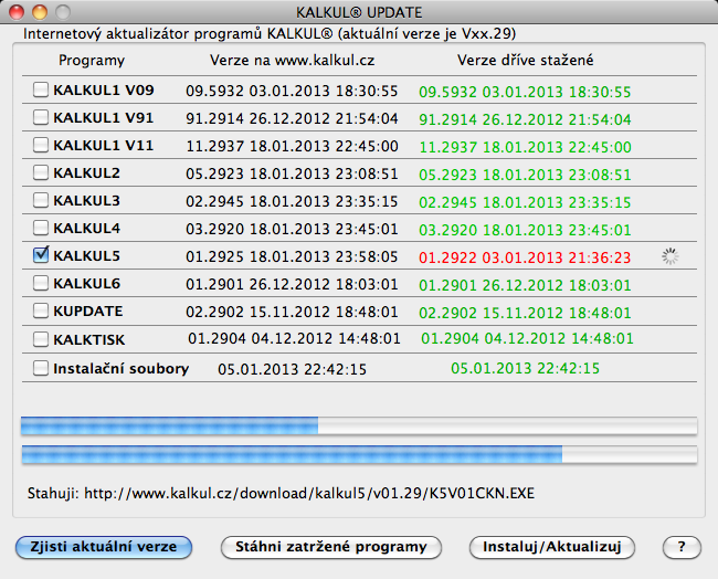 Při prvním použití programu KUpdate doporučujeme stáhnout kompletní sadu programů KALKUL včetně instalačních souborů (stahování můžete omezit jen na některé verze v příkazu menu "Nastavení").