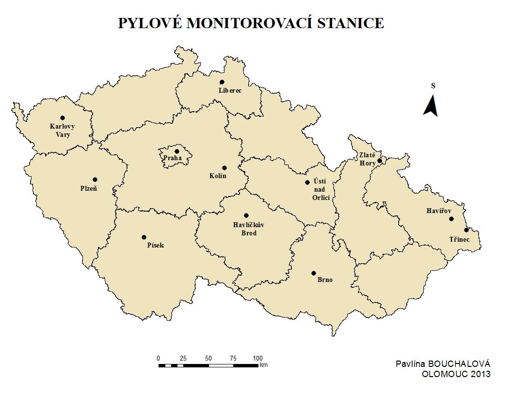 Obr. 3 Pylové monitorovací stanice na území České republiky. Zdroj: obrázek byl vytvořen autorem prostřednictvím programu ArcGis 10