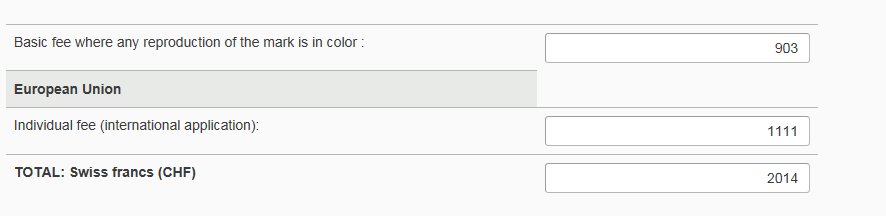 Tabulka 6 - Cena mezinárodní registrace v případě označení celé EU Zdroj: http://www.wipo.int/madrid/en/fees/calculator.jsp?