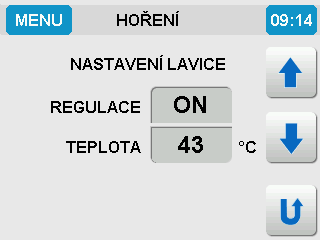 NASTAVENÍ LAVICE Tato funkce slouží pro nastavení teploty vytápěné lavice. Uvedené funkce reguluje množství spalin v tahovém systému, který ohřívá lavici.potvrdíme zap/vyp vytápění ON/OFF.