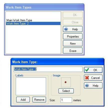 V menu Objects/Work Item Types buď vytvoříme novou entitu (klikem na New) a té přiřadíme určitou nálepku nebo ji určíme stávající entitě. Na Obr.