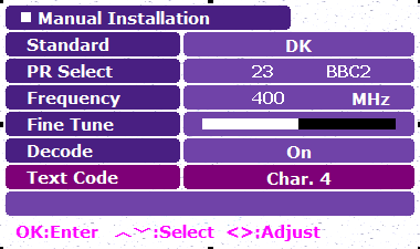 Provádění manuální instalace Možnost Manual Installation umožňuje manuálně nastavit parametry kanálů. Tato možnost je užitečná, pokud chcete některé kanály uzamknout nebo jemně doladit příjem signálu.