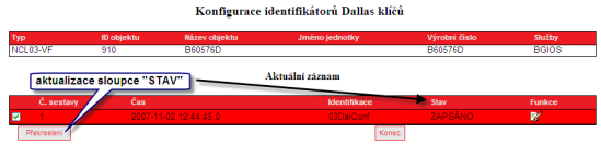 Autorizace identifikačních médií Zda je sestava úspěšně zapsaná do jednotky poznáte ve sloupci STAV po kliknutí na okénko PŘEKRESLENÍ.