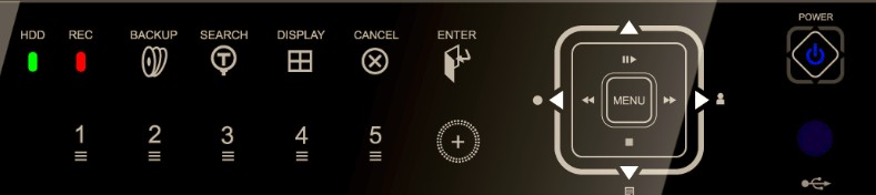 Ovládání 1. Indikátr režimu: 3 LED zbrazí stav digitálníh viderekrdéru. HDD (zelená), Recrding (červená) a Pwer (mdrá), 2. 1. Přehrávání / nahrávání vládání: Tyt funkce jsu pužity v režimu Live neb režimu přehrávání.