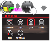 tlačítka SRC, čímž budou přepínány jednotlivé zdroje přehrávání: TUNER rádio, DISC vložený disk,