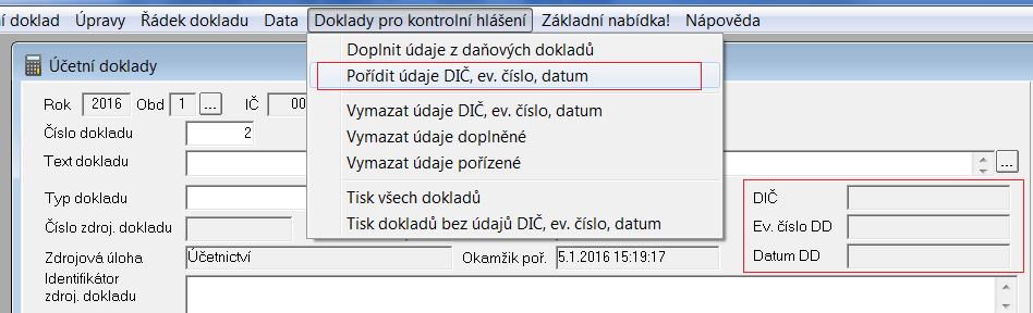 HELIOS Fenix, Kntrlní hlášení DPH 8/11 Předpis phledávky: přenášejí se údaje DIČ plátce (uvedené u plátce v seznamu plátců), evidenční čísl daňvéh dkladu a uskutečnění zdanitelnéh plnění (z evidence