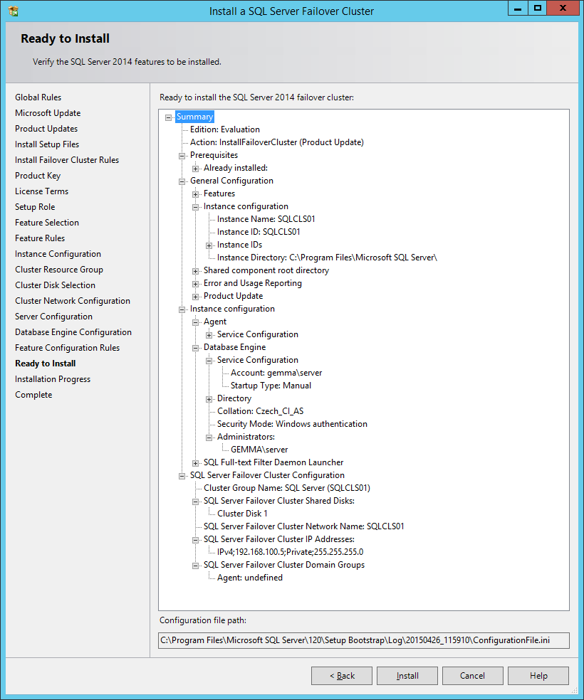 Obr. 1.30: Souhrn Instalace SQL Server Failover Cluster instance.