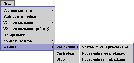 40 Sumáře - obsahuje tři další nabídky: Volební okrsky Části obce Ulice Nabídka slouží k tisku kontrolních sestav - jde o sestavy, ve kterých jsou uvedeny pouze počty voličů v jednotlivých volebních