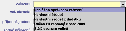 VOL - Volby a referenda 55 Ve formuláři je třeba doplnit: důvod zařazení - vybere se z menu: volební okrsek vybrat z adresáře voliče pomocí tlačítka se třemi tečkami rodné příjmení datum narození