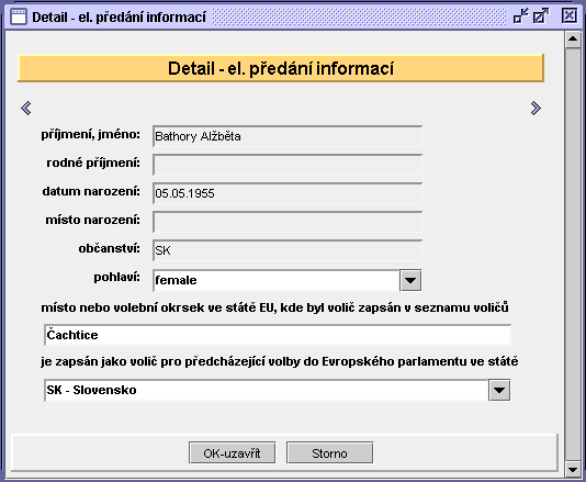 VOL - Volby a referenda 61 Akce... (menu Odeslat email (vybrané a označené), Uložit (vybrané a označené), Tisk... (menu Tisk formulářů (vybrané a označené), Opis záznamů. Detail záznamu pro el.