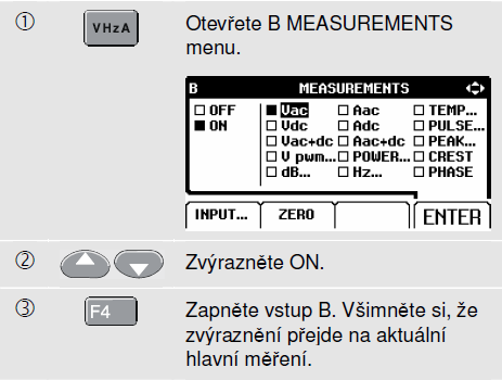 Fluke 125 Uživatelská příručka Výběr měřící funkce Chcete-li zvolit měření kmitočtu pro vstup A, postupujte podle následujících instrukcí: V pozici hlavní naměřené hodnoty je nyní Hz.