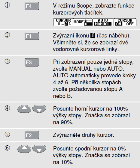 Funkce osciloskopu/multimetru 2 Měření pomocí kurzoru Měření času náběhu Chcete-li změřit čas náběhu, postupujte následovně: Obrázek 2-19. Měření času pomocí kursorů.