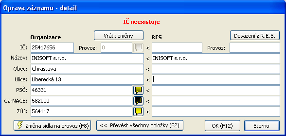 U subjektů s problémem IČ neexistuje doporučujeme nejprve kurzorem vybraný subjekt smazat klávesou delete (ikona ). Pokud subjekt smazat nelze, má podřízené záznamy.