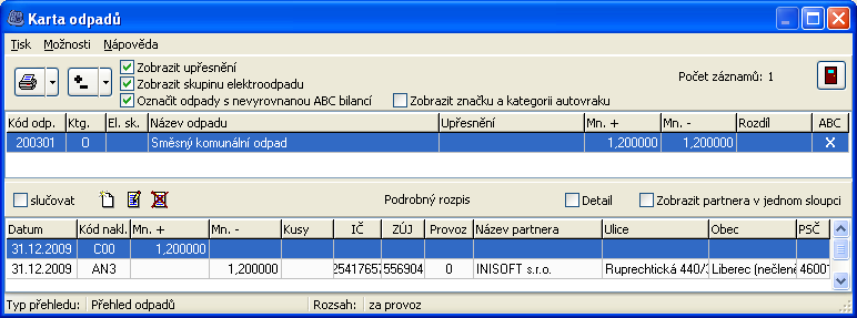 v evidenci odpadů je možnost předdefinování klávesových zkratek subjektů v parametrech programu.