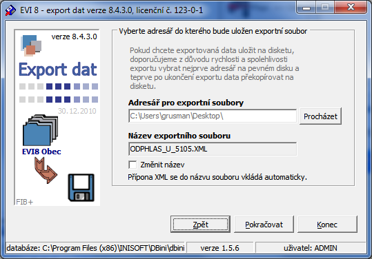 Do exportního souboru se automaticky vkládá výsledný protokol kontroly MŽP a kontroly dle databáze R.E.S. Exportem se přenáší pouze subjekty s podřízenými záznamy. Nevyužité subjekty se neexportují.