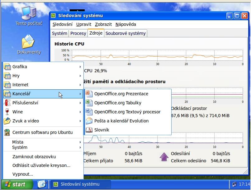 Prostředí Windows XP Prostředí Linux Ubuntu 10 ve stylu Windows XP Internet Součástí instalace Linux je ve většině případů internetový prohlížeč Firefox.