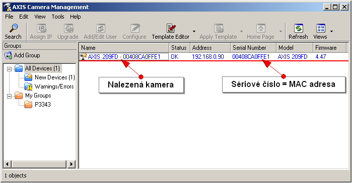 Obr. 13 - ACM Dialog Search Network Pokud je hledání neúspěšné a není nalezena žádná kamera, hledání opakujeme. Nalezená kamera se zobrazí v hlavním okně ACM. 4.2.2 Nahrání konfigurační šablony Obr.