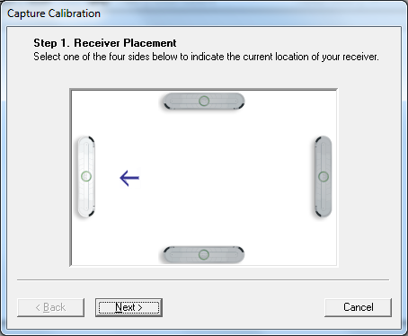 V horním menu zvolte položku TOOLS a následně Calibrate Capture Area. Zobrazí se následující okno: Označte přijímač podle aktuálního stavu umístění a volbu potvrďte kliknutím na Next.