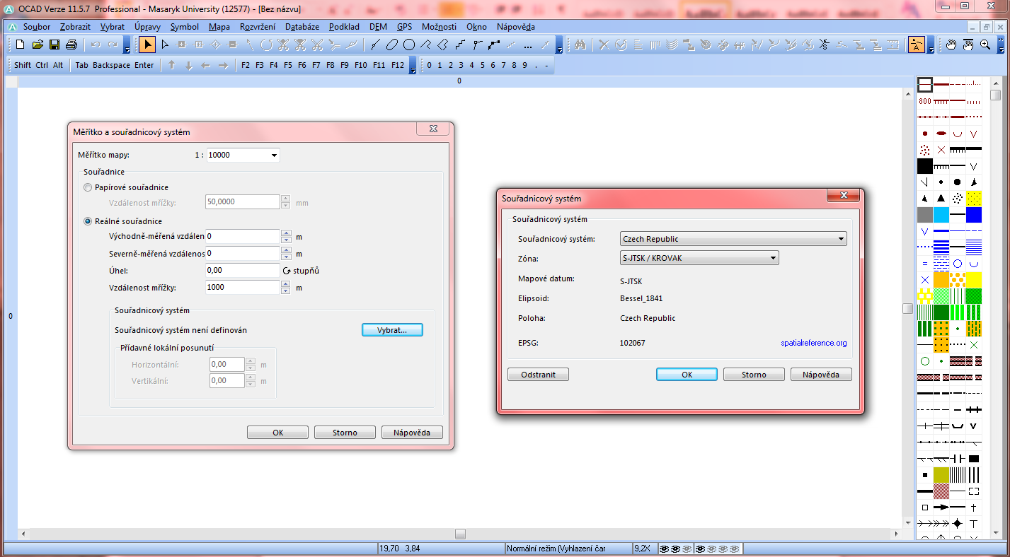 Obr. 22 Umístění nastavení souřadnicového systému mapy Obr. 23 Nastavení reálných souřadnic a výběr souřadnicového systému Kromě souřadnicového systému je také nutné nastavit tzv. posunutí.