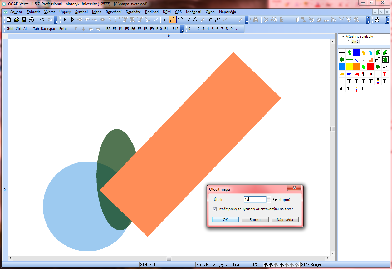 4.4 Otočit mapu Pomocí tohoto nástroje je možné mapu rotovat o zadaný úhel. Je možné zvolit také rotaci objektů se symboly orientovanými na sever. Obr. 39 ukazuje rotaci mapy o 45. Obr. 39 Rotace mapy o 45 4.