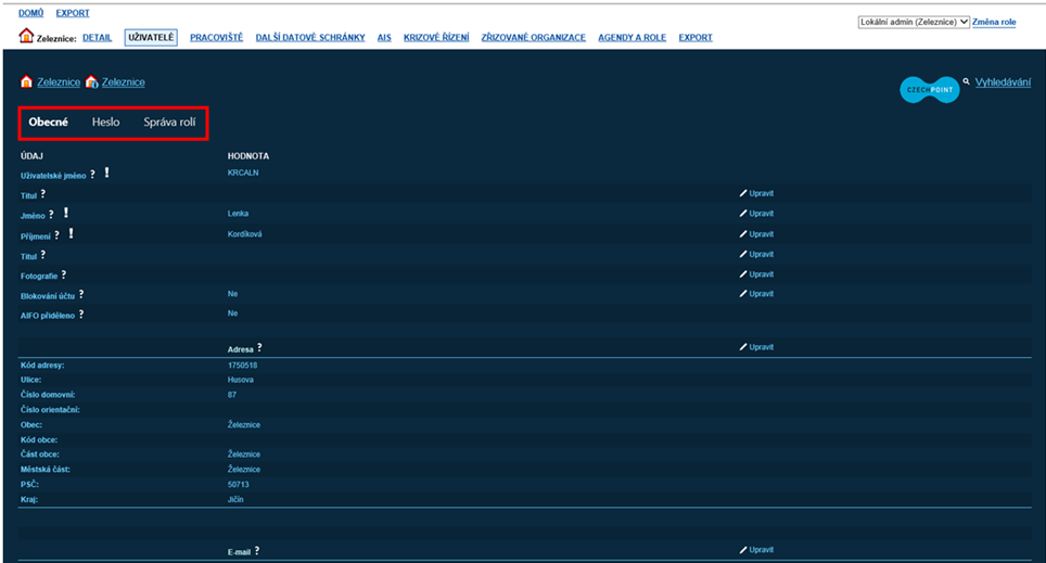 Po kliknutí na konkrétní uživatelské jméno se zobrazí detail uživatele se třemi odkazy Obecné, Heslo a Správa rolí. 3.1.