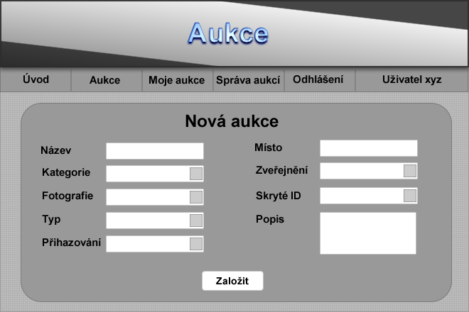 Aktéři: správce aukce Vstupní podmínky: uživatel je (ověřený? a) přihlášen Popis: Případ užití popisuje průběh procesu zadání a zveřejnění aukce. 1. Uživatel spustí volbu Nová aukce 2.