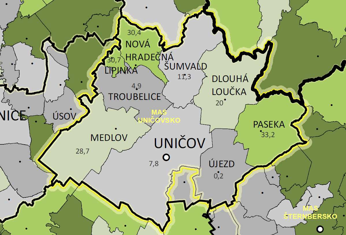 člověka v území. Dle obrázku níže je zřejmé, že v rámci širšího pojetí území má území MAS Uničovsko podprůměrné zastoupení lesní půdy.