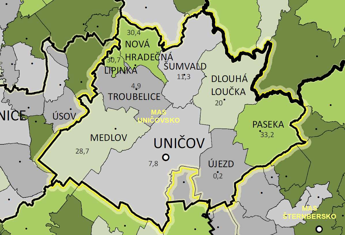 člověka v území. Dle obrázku níže je zřejmé, že v rámci širšího pojetí území má území MAS Uničovsko podprůměrné zastoupení lesní půdy.