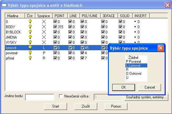 Tabulka zobrazí názvy hladin, počet a typy entit (body, úsečky, atd.), které Atlas nalezl v souboru DXF.