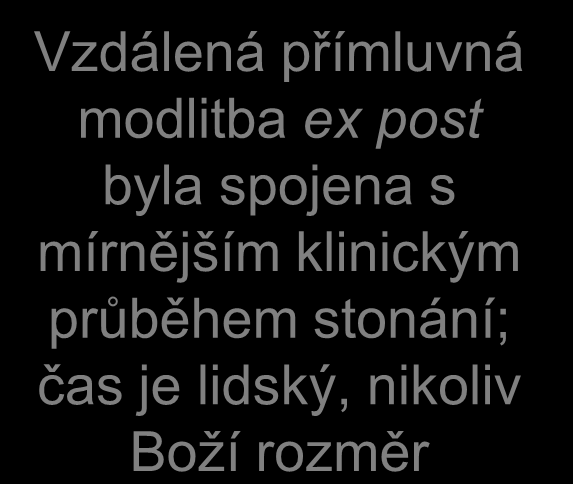 Vzdálená přímluvná modlitba ex post byla spojena s mírnějším klinickým průběhem stonání; 3393 dospělých pacientů se čas sepsí je lidský, a pozitívní nikoliv hemokulturou zjištěnou za hospitalisace v