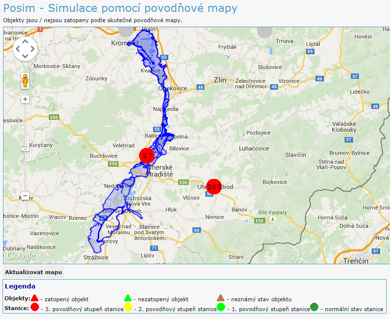 UTB ve Zlíně, Fakulta logistiky a krizového řízení 37 Obrázek 19: Simulovaný stav na řece Morava [20] Výsledkem jsou v mapě zakreslená zatopená území na základě reálných povodňových map a zobrazení