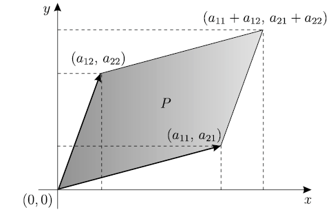 Geometrická interpretace Pro n = 2, lze determinant geometricky interpretovat jako plochu rovnoběžníka, který je určen vektory, pokud jsou vektory rovnoběžné bude plocha rovna 0, v opačném případě je